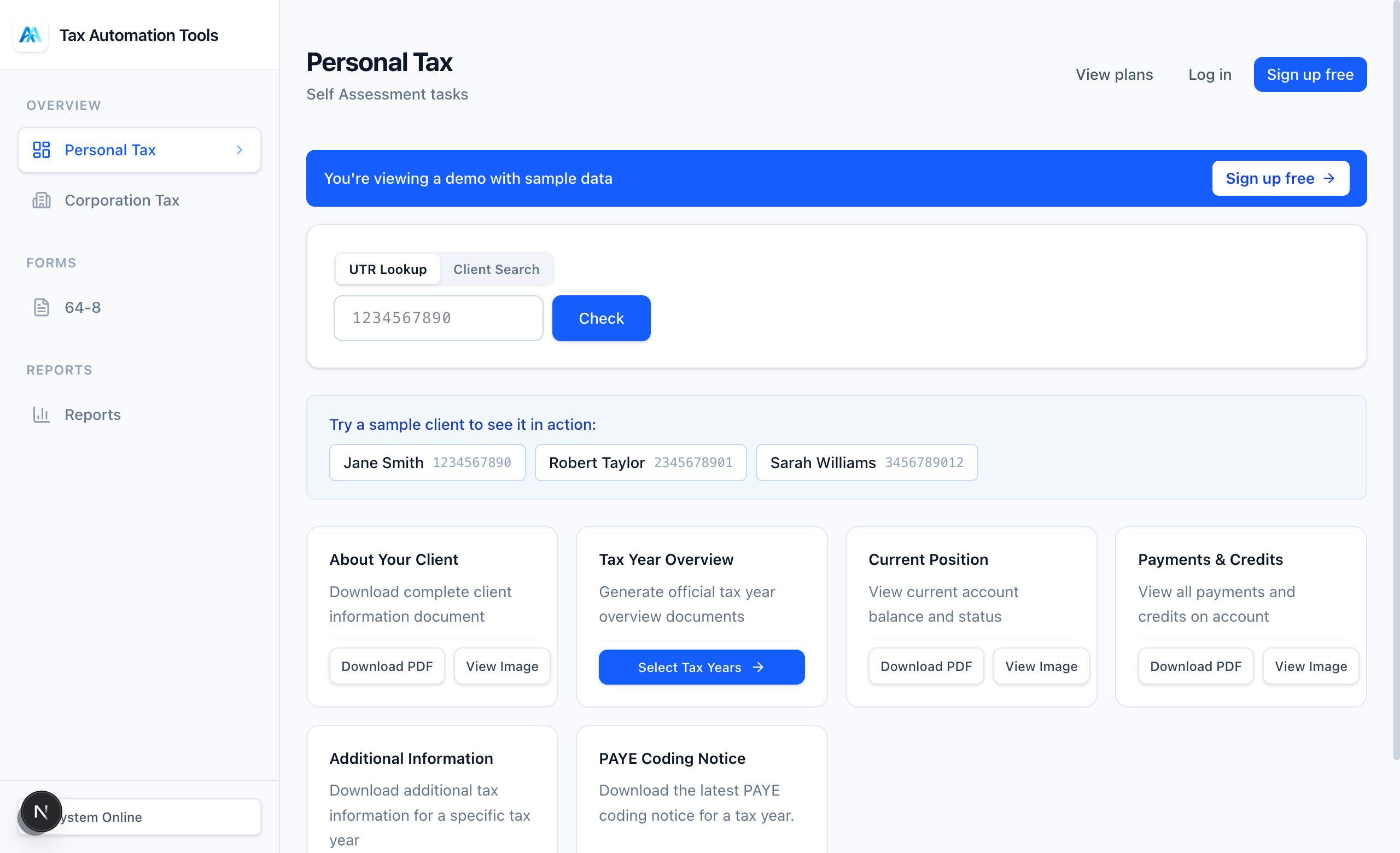 Personal Tax task cards in the dashboard